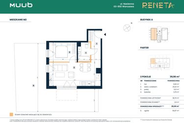 Rzut - Mieszkanie na sprzedaż 2 pokoje o powierzchni 39,9 m² - numer M02 w Reneta