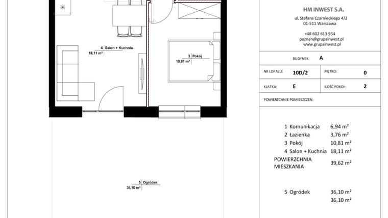 Rzut - Mieszkanie na sprzedaż 2 pokoje o powierzchni 39,62 m² - numer 10D/2 w Jasielska 8C etap II