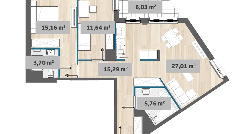 Rzut - Mieszkanie na sprzedaż 3 pokoje o powierzchni 78,32 m² - numer F1.D.03.03 w Sady Żoliborz