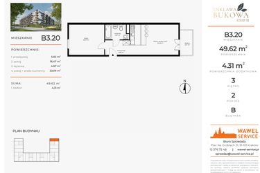 Rzut - Mieszkanie na sprzedaż 2 pokoje o powierzchni 49,62 m² - numer B3.20 w Enklawa Bukowa II