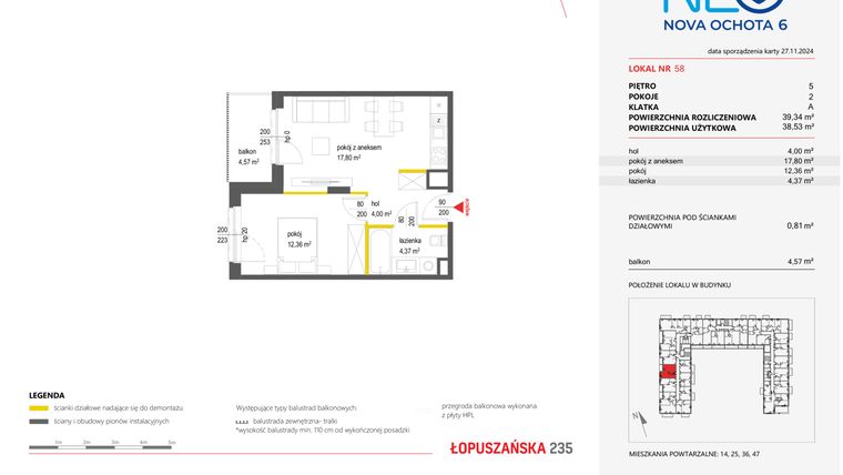 Rzut - Mieszkanie na sprzedaż 2 pokoje o powierzchni 39,34 m² - numer 58 w Neo Nova Ochota 6