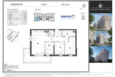 Rzut - Mieszkanie na sprzedaż 3 pokoje o powierzchni 75,9 m² - numer 6 w Dzielnica Kielczanka etap II