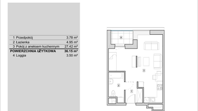 Rzut - Mieszkanie na sprzedaż 1 pokój o powierzchni 36,15 m² - numer H1-A-9-3 w Heyki City