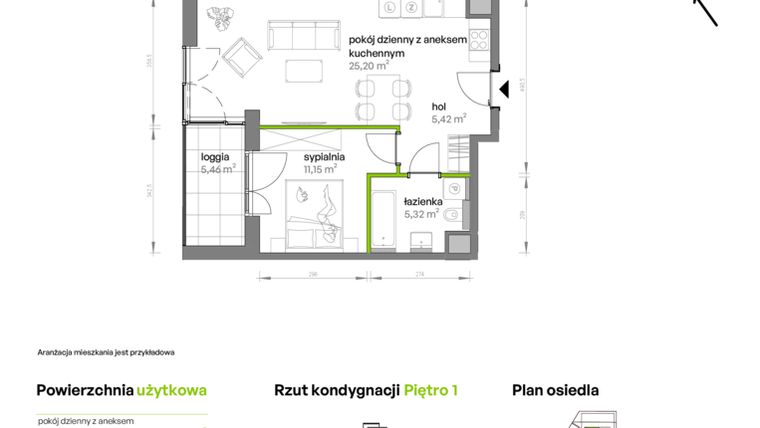 Rzut - Mieszkanie na sprzedaż 2 pokoje o powierzchni 47,09 m² - numer AA0107 w Ptasia Vita