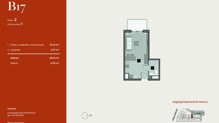 Rzut - Mieszkanie na sprzedaż 1 pokój o powierzchni 26,51 m² - numer B17 w Mazowiecka 115