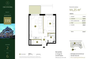 Rzut - Mieszkanie na sprzedaż 2 pokoje o powierzchni 44,25 m² - numer 119 w Rezydencja Świerkowa