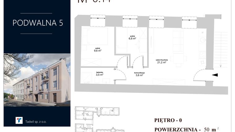 Rzut - Mieszkanie na sprzedaż 3 pokoje o powierzchni 50 m² - numer M 0.14 w Podwalna 5