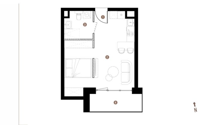 Rzut - Mieszkanie na sprzedaż 1 pokój o powierzchni 32,07 m² - numer A2.2.05 w Belg Apartamenty etap II
