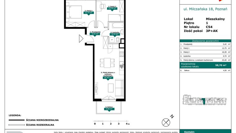 Rzut - Mieszkanie na sprzedaż 3 pokoje o powierzchni 58,7 m² - numer C54 w Milczańska 18