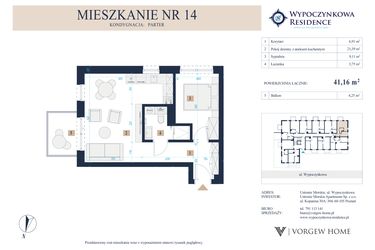 Rzut - Mieszkanie na sprzedaż 2 pokoje o powierzchni 41,16 m² - numer 14 w Wypoczynkowa Residence