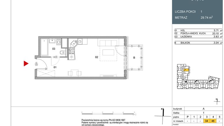 Rzut - Mieszkanie na sprzedaż 1 pokój o powierzchni 29,74 m² - numer 46 w Morwowa 5
