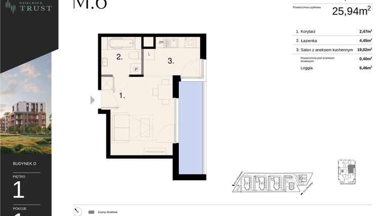 Rzut - Mieszkanie na sprzedaż 1 pokój o powierzchni 26,34 m² - numer D - M.6 w Dzielnica Trust - etap I