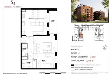 Rzut - Mieszkanie na sprzedaż 3 pokoje o powierzchni 59,02 m² - numer A-03-01 w Siedlecka Residence