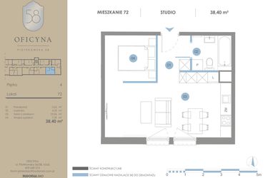 Rzut - Mieszkanie na sprzedaż 1 pokój o powierzchni 38,4 m² - numer 72 w Oficyna