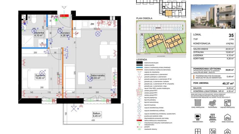 Rzut - Mieszkanie na sprzedaż 2 pokoje o powierzchni 39,89 m² - numer 35 w Harmony Antoninek