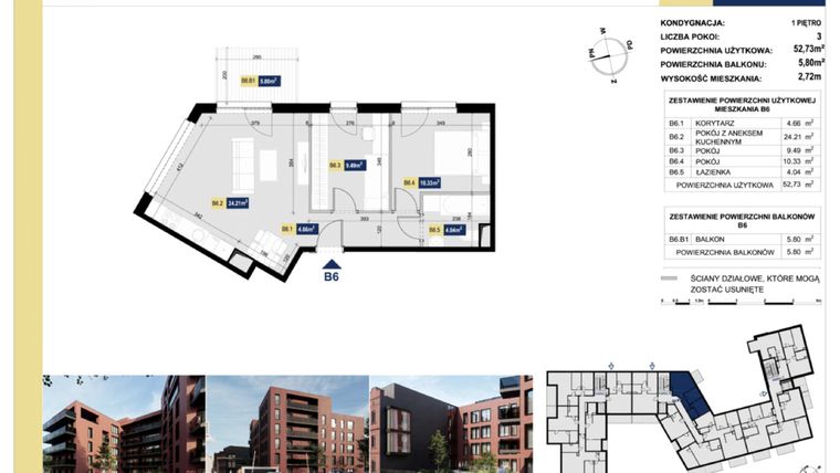 Rzut - Mieszkanie na sprzedaż 3 pokoje o powierzchni 53,25 m² - numer B6 w Apartamenty Złota
