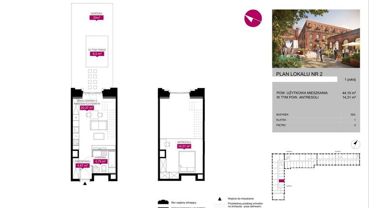 Rzut - Mieszkanie na sprzedaż 1 pokój o powierzchni 44,1 m² - numer G2.2 w Fuzja Lofty