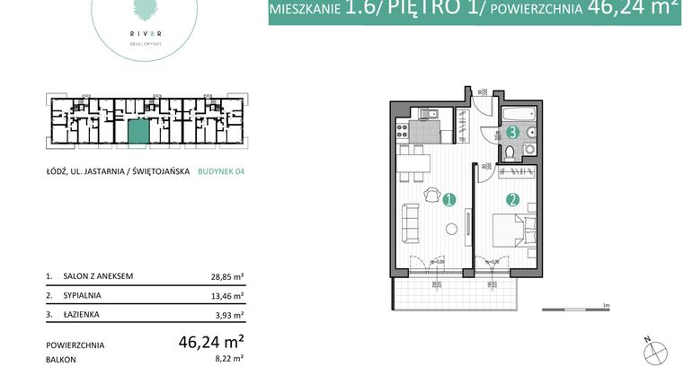 Rzut - Mieszkanie na sprzedaż 2 pokoje o powierzchni 46,24 m² - numer 04.1.6 w Port Jastarnia bud. 01, 04