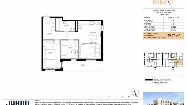 Rzut - Mieszkanie na sprzedaż 3 pokoje o powierzchni 59,17 m² - numer A.B21 w Merano Park II
