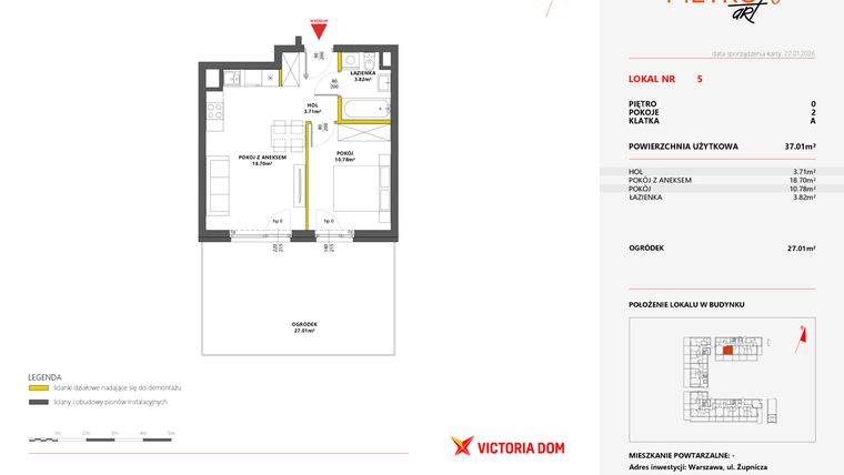 Rzut - Mieszkanie na sprzedaż 2 pokoje o powierzchni 37,01 m² - numer 5 w Metro Art 6