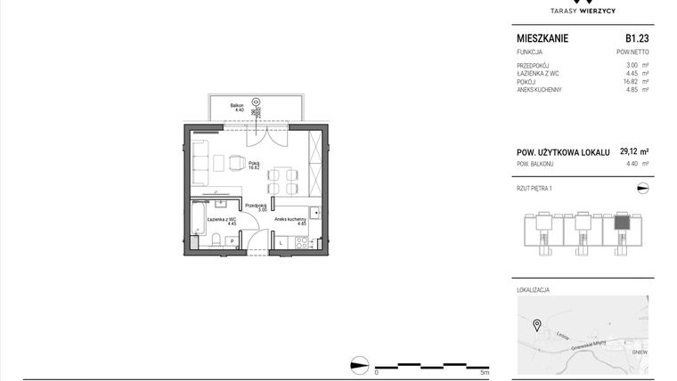 Rzut - Mieszkanie na sprzedaż 1 pokój o powierzchni 29,12 m² - numer B1.23 w Tarasy Wierzycy