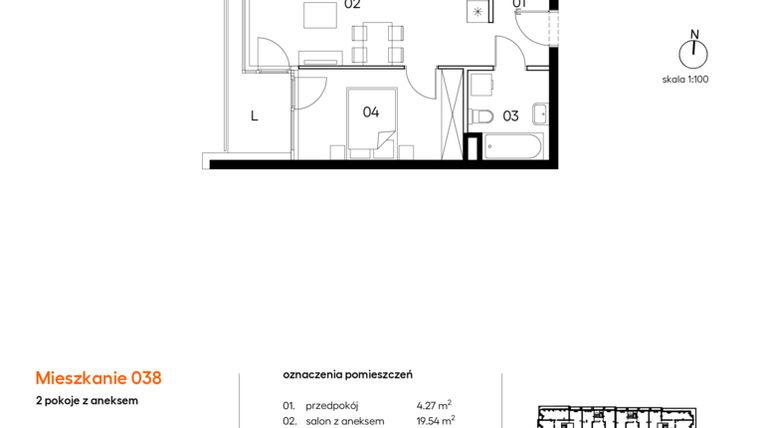 Rzut - Mieszkanie na sprzedaż 2 pokoje o powierzchni 40,24 m² - numer A.A038 w Miasto Polskich Mistrzów Olimpijskich II