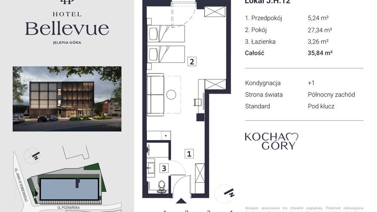 Rzut - Mieszkanie na sprzedaż 1 pokój o powierzchni 35,84 m² - numer 12 w Hotel Bellevue