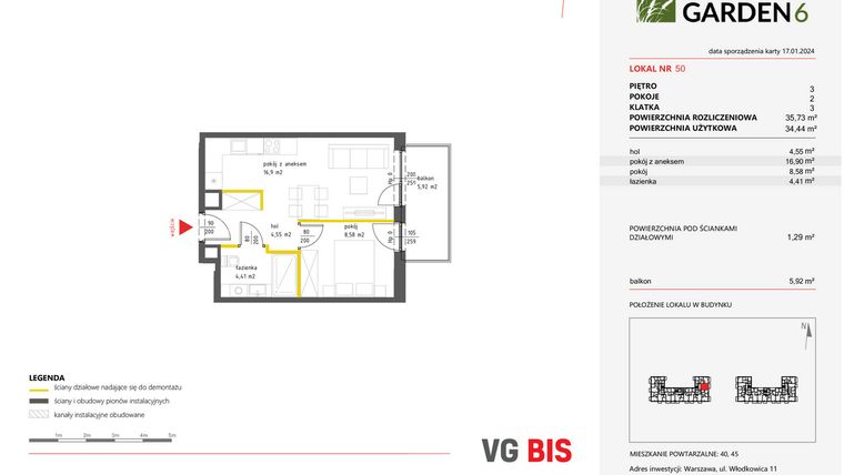 Rzut - Mieszkanie na sprzedaż 2 pokoje o powierzchni 35,73 m² - numer 50 w Nova Viva Garden 6
