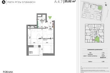 Rzut - Mieszkanie na sprzedaż 2 pokoje o powierzchni 25,02 m² - numer A.4.7 w Park Przy Stawach
