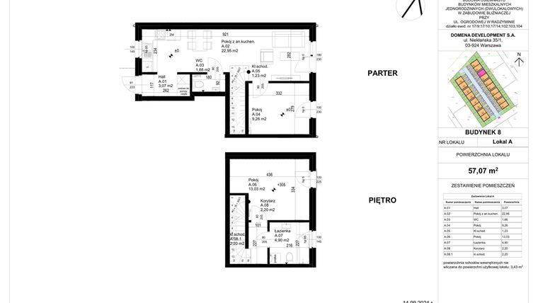 Rzut - Mieszkanie na sprzedaż 3 pokoje o powierzchni 57,07 m² - numer 8A w Osiedle Ogrodowa