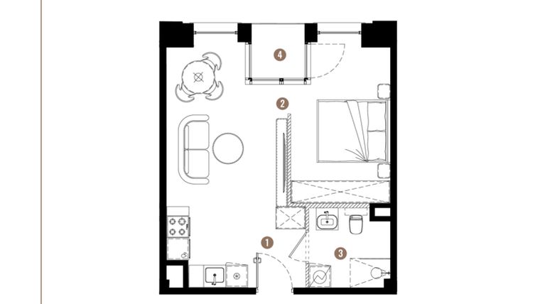 Rzut - Mieszkanie na sprzedaż 1 pokój o powierzchni 36,38 m² - numer E.01.02 w Apartamenty Reytana bud. E