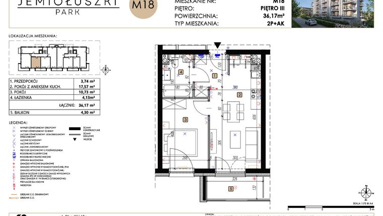Rzut - Mieszkanie na sprzedaż 2 pokoje o powierzchni 36,17 m² - numer A2_M18 w Jemiołuszki Park etap 2
