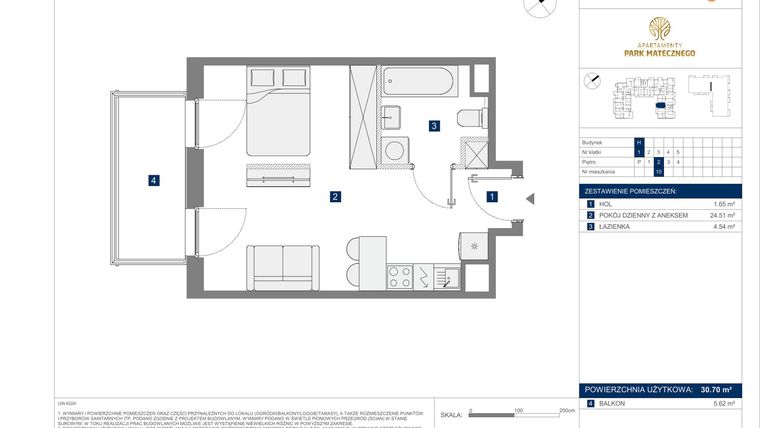 Rzut - Mieszkanie na sprzedaż 1 pokój o powierzchni 30,7 m² - numer H10 w Apartamenty Park Matecznego Etap 2.2