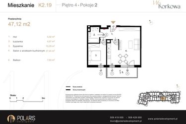 Rzut - Mieszkanie na sprzedaż 2 pokoje o powierzchni 47,12 m² - numer K2.19 w Korkowa 146