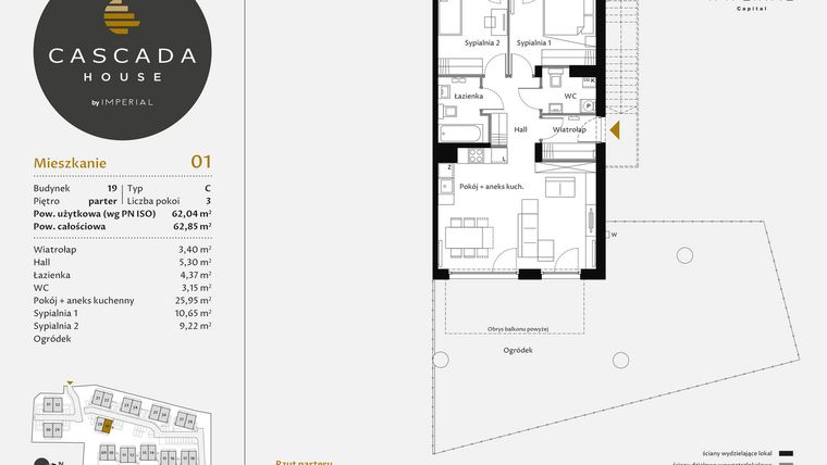 Rzut - Mieszkanie na sprzedaż 3 pokoje o powierzchni 62,24 m² - numer 19.1 w CASCADA House