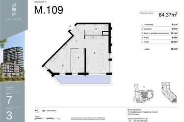 Rzut - Mieszkanie na sprzedaż 3 pokoje o powierzchni 64,37 m² - numer M109 w Sky Trust etap II