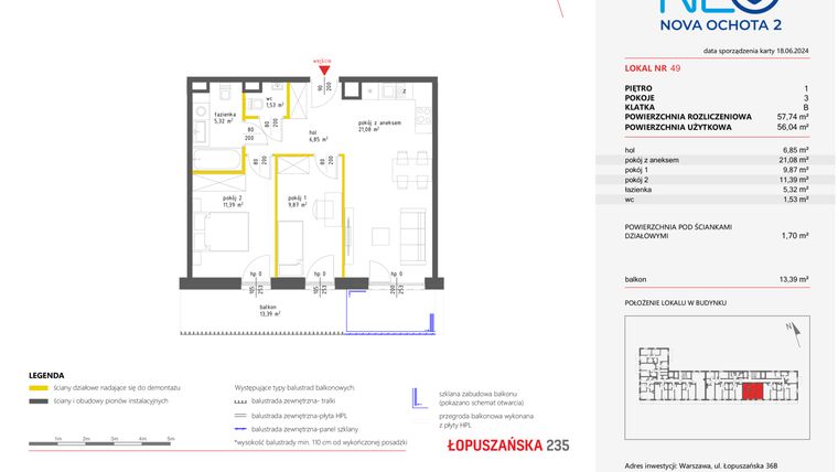 Rzut - Mieszkanie na sprzedaż 3 pokoje o powierzchni 57,74 m² - numer 49 w Neo Nova Ochota 2