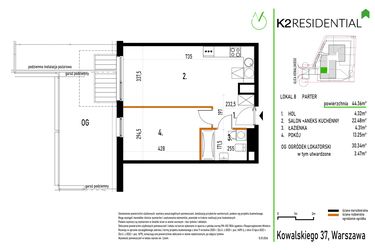 Rzut - Mieszkanie na sprzedaż 2 pokoje o powierzchni 44,36 m² - numer 8 w Kowalskiego 37
