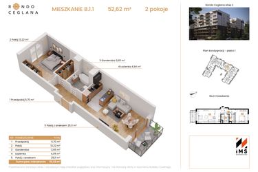 Rzut - Mieszkanie na sprzedaż 2 pokoje o powierzchni 52,54 m² - numer B.1.1 w Rondo Ceglana etap II