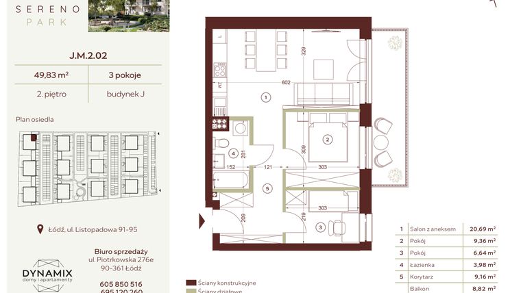 Rzut - Mieszkanie na sprzedaż 3 pokoje o powierzchni 49,83 m² - numer J.M.2.02 w Sereno Park