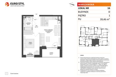 Rzut - Mieszkanie na sprzedaż 2 pokoje o powierzchni 39,46 m² - numer D.16 w Osiedle Warszawska etap II