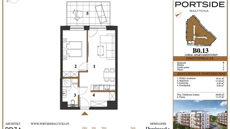Rzut - Mieszkanie na sprzedaż 2 pokoje o powierzchni 40,69 m² - numer B0.13 w Portside Bałtycka
