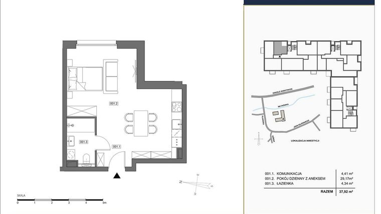 Rzut - Mieszkanie na sprzedaż 1 pokój o powierzchni 37,92 m² - numer A.001 w Nowa Młynówka