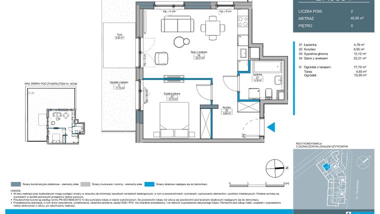 Rzut - Mieszkanie na sprzedaż 2 pokoje o powierzchni 46,06 m² - numer BA0004 w Talarowa Park