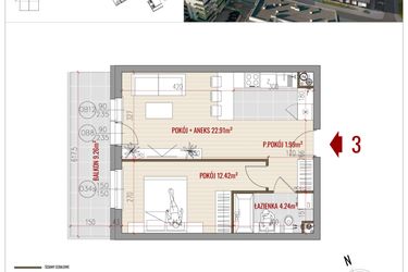 Rzut - Mieszkanie na sprzedaż 2 pokoje o powierzchni 41,56 m² - numer 3 w HUZAR B3