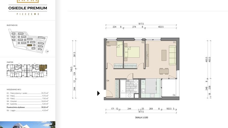 Rzut - Mieszkanie na sprzedaż 3 pokoje o powierzchni 59,21 m² - numer B1.1 w Osiedle Premium etap IV