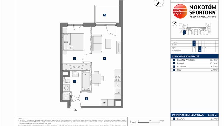Rzut - Mieszkanie na sprzedaż 2 pokoje o powierzchni 38,2 m² - numer A.14 w Mokotów Sportowy 3.1