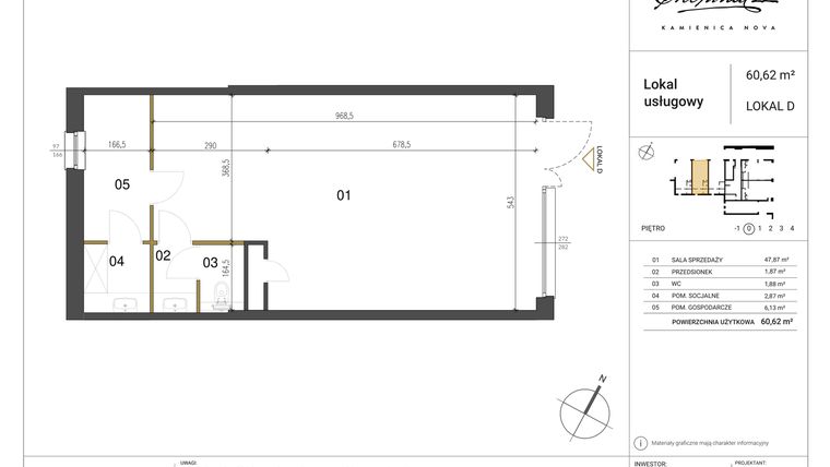 Rzut - Lokal użytkowy na sprzedaż 4 pokoje o powierzchni 60,62 m² - numer D w Kamienica Nova Chopina
