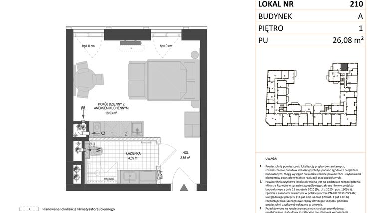 Rzut - Mieszkanie na sprzedaż 1 pokój o powierzchni 26,08 m² - numer A.210 w Esencja - Apartamenty inwestycyjne