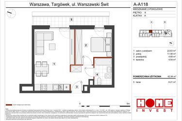 Rzut - Mieszkanie na sprzedaż 2 pokoje o powierzchni 42,94 m² - numer A-A118 w Warszawski Świt etap VII